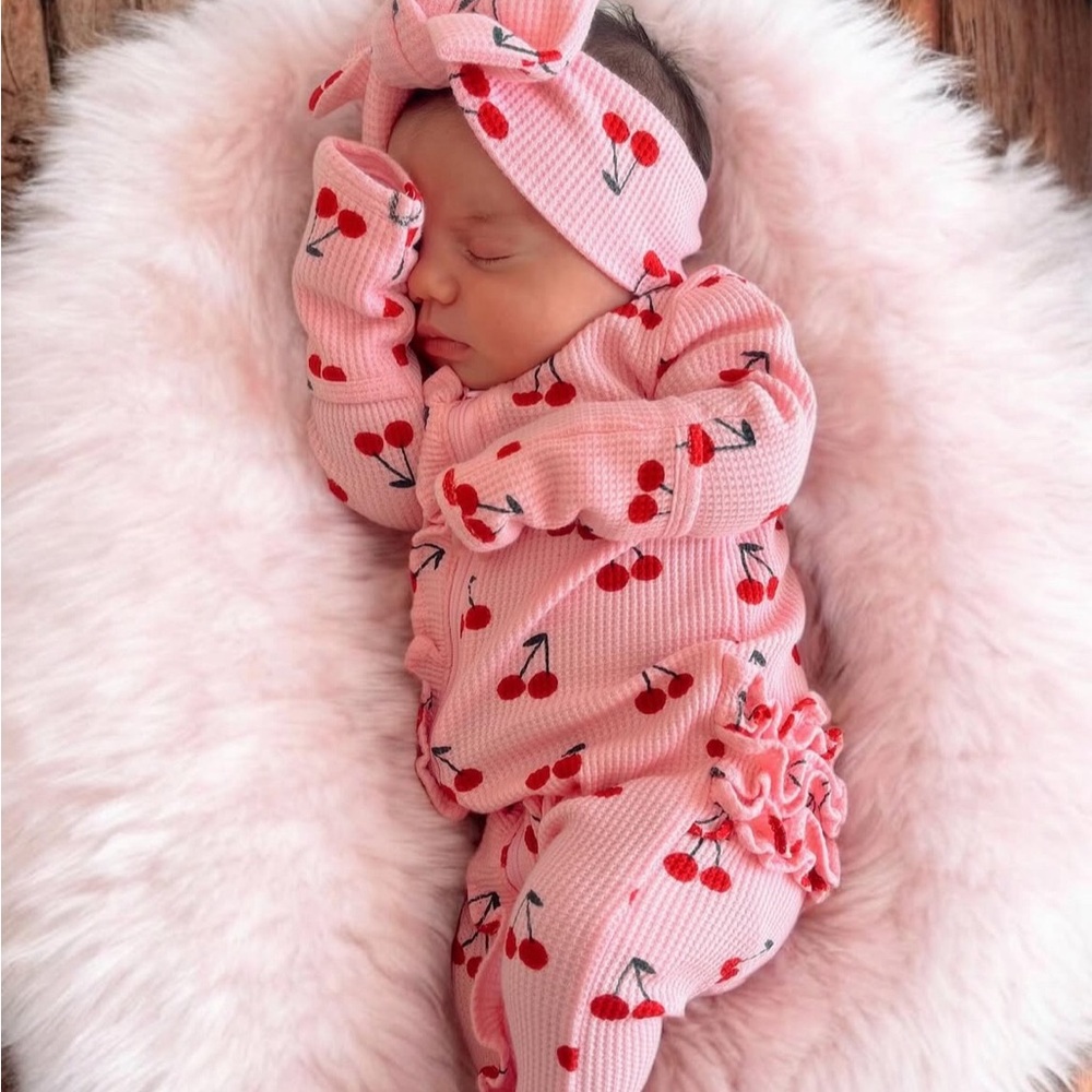 Spearmint Love cherry🍒 print organic waffle fabric newborn onesie